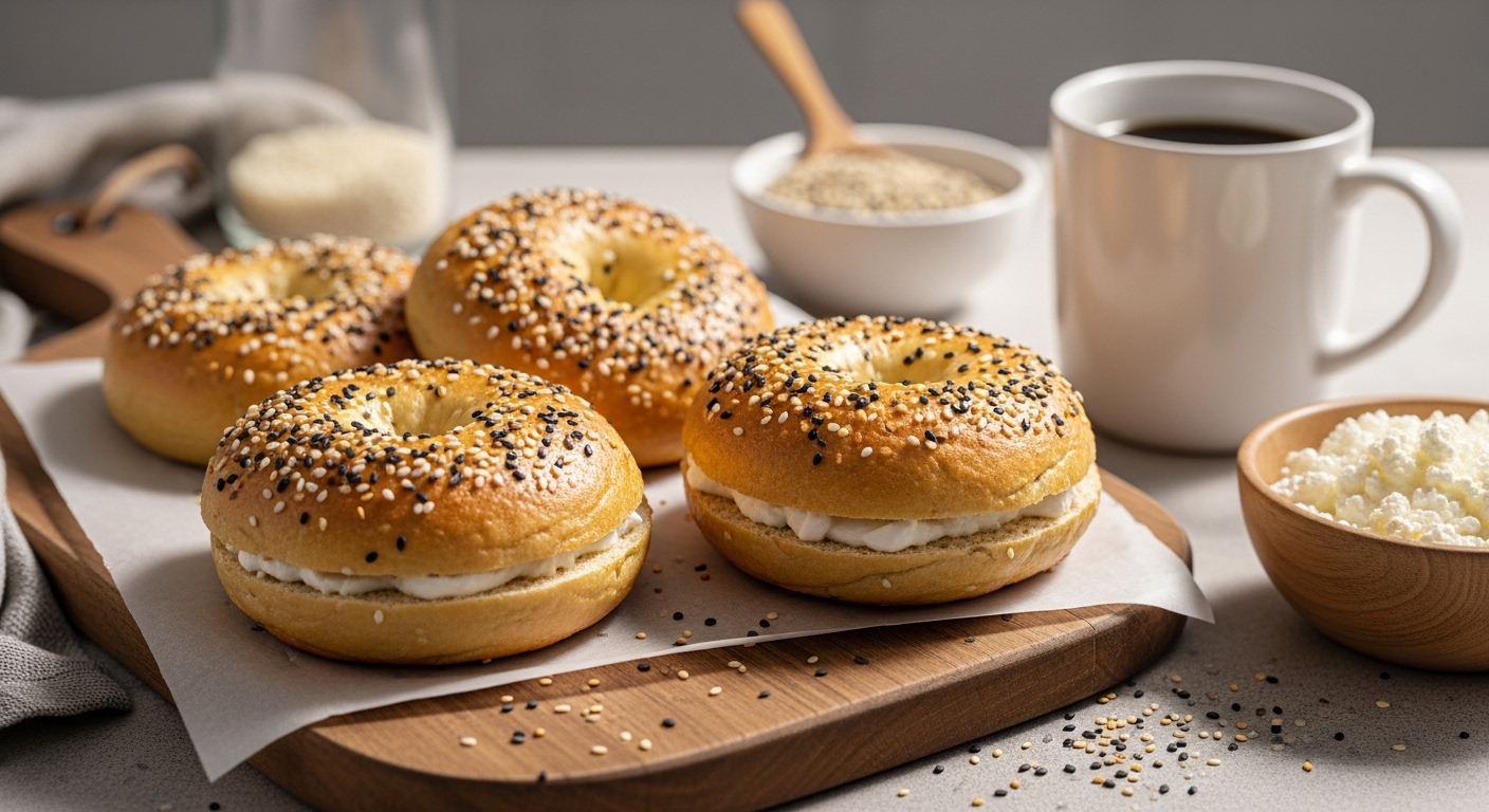 Freshly baked Simple 3 Ingredient Protein Bagels, golden with everything seasoning, sliced with cream cheese on a wooden cutting board. Coffee, cottage cheese, and sesame seeds are on a cozy kitchen table, lit by soft morning sunlight.
