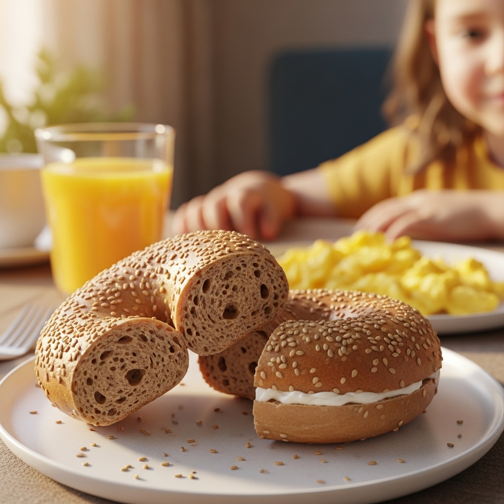 A sliced Simple 3 Ingredient Protein Bagel with sesame seeds and cream cheese on a breakfast table, with orange juice and scrambled eggs in the background. Warm sunlight highlights the bagel’s chewy texture and cozy vibe.