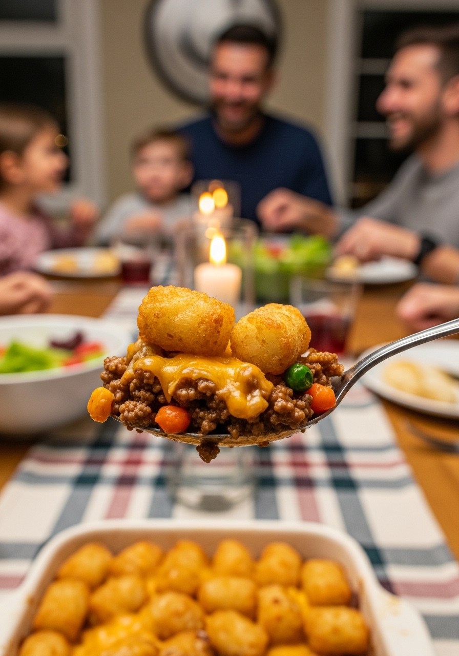 A spoonful of Tater Tot Beef Casserole with crispy tater tots, melted cheese, and ground beef, held over a plaid tablecloth. A family laughing and passing salad is in the blurred background, lit by warm candlelight.