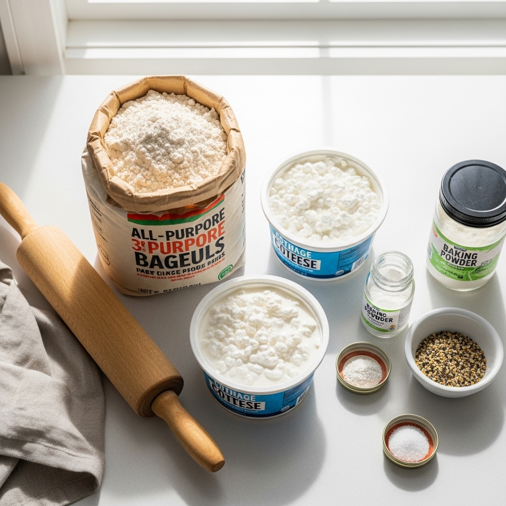  Overhead view of a kitchen counter with ingredients for Simple 3 Ingredient Protein Bagels: flour, cottage cheese, baking powder, and salt. A rolling pin and everything seasoning are nearby, lit by morning sunlight for a fresh, clean look.