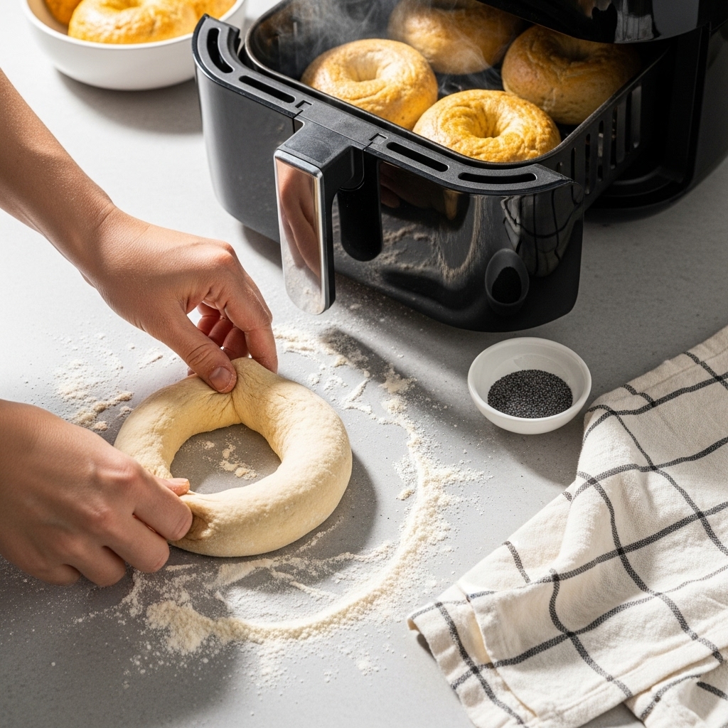 A hand shaping a Simple 3 Ingredient Protein Bagel from a dough log on a floured counter, with an air fryer of golden bagels nearby, steam rising. Poppy seeds and a checkered towel add a cozy, hands-on vibe in a sunny kitchen.