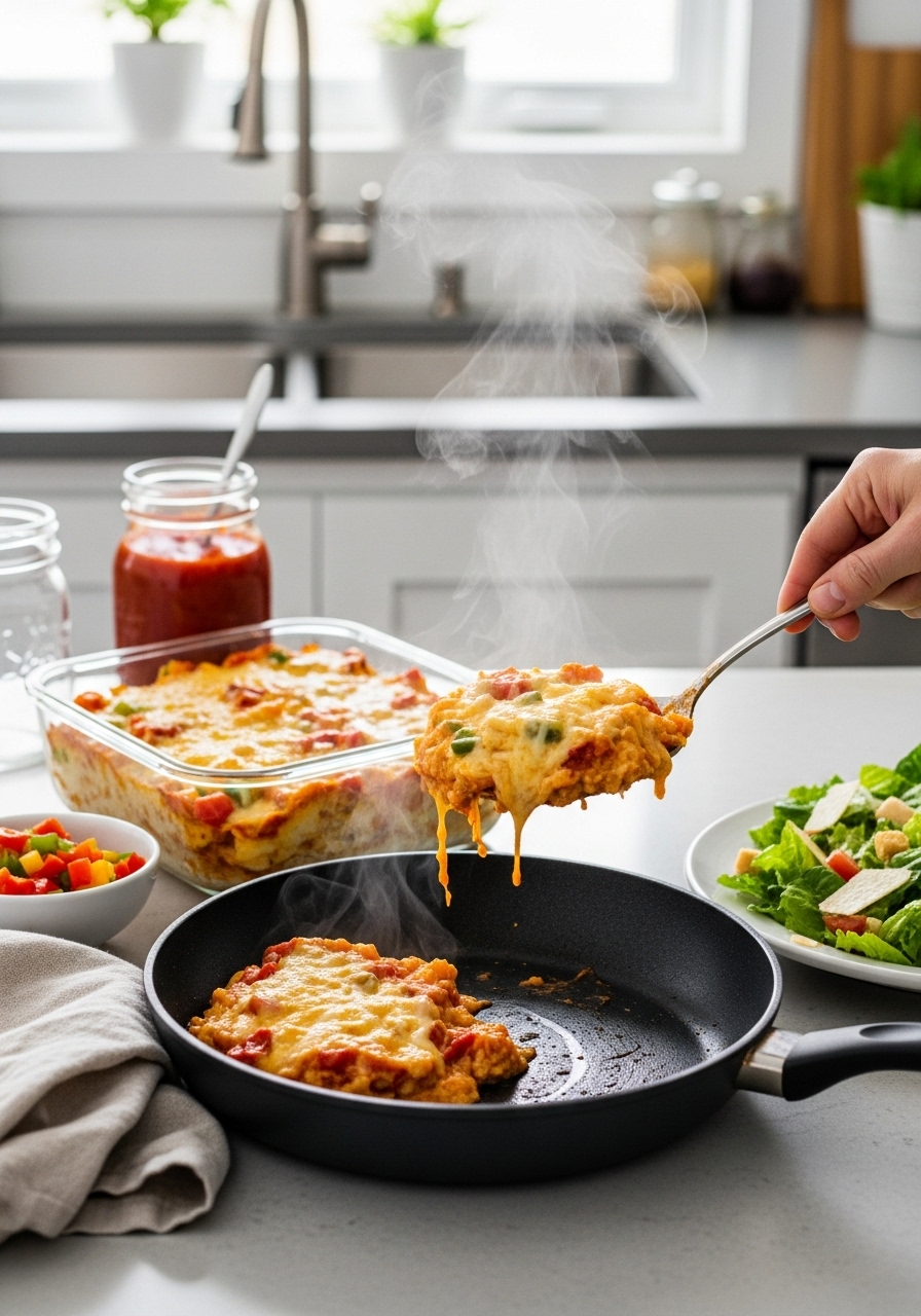 Leftover Bubble Up Pizza Casserole in a glass container, with a skillet reheating a portion, steam rising. Diced peppers, marinara, and a Quick Caesar Salad are in a cozy kitchen with mason jars and a napkin, lit by soft afternoon light.