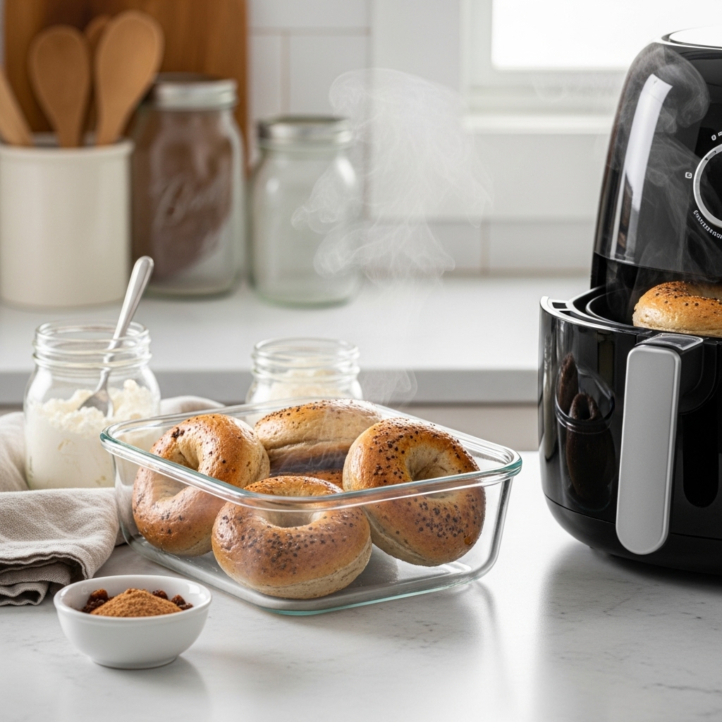 Leftover Simple 3 Ingredient Protein Bagels in a glass container, with one reheated in an air fryer, steam rising. Cinnamon-raisin mix and cream cheese are nearby in a cozy kitchen with mason jars and a napkin, lit by soft afternoon light.