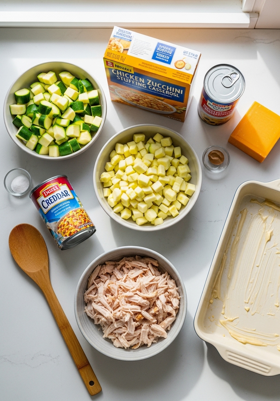 Overhead view of a kitchen counter with ingredients for Chicken Zucchini Stuffing Casserole: rotisserie chicken, zucchini, stuffing mix, cheddar, and cream soup. A wooden spoon and baking dish are nearby, lit by morning sunlight.