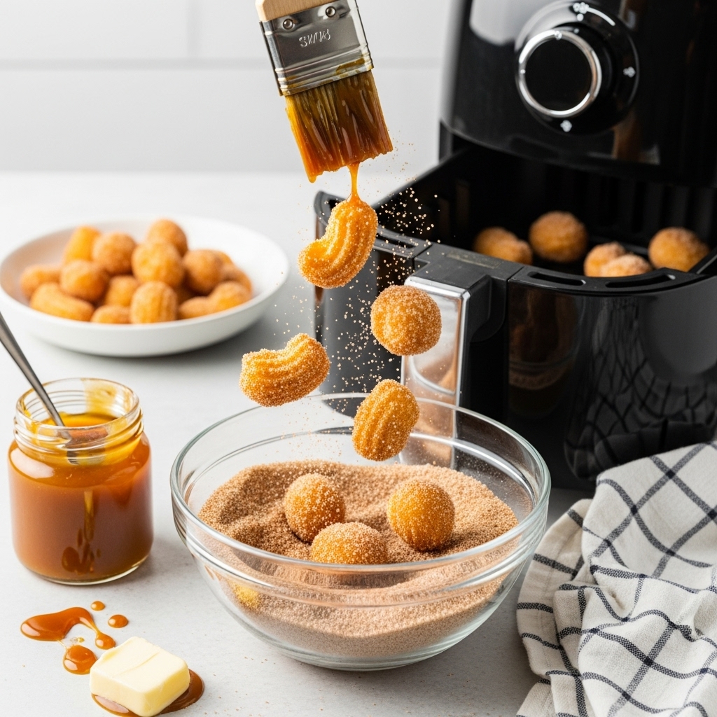 Golden Sweet Air Fryer Churro Bites being tossed in cinnamon-sugar in a bowl, with sugar crystals sparkling. An open air fryer, butter brush, caramel sauce, and checkered towel are in the bright kitchen background