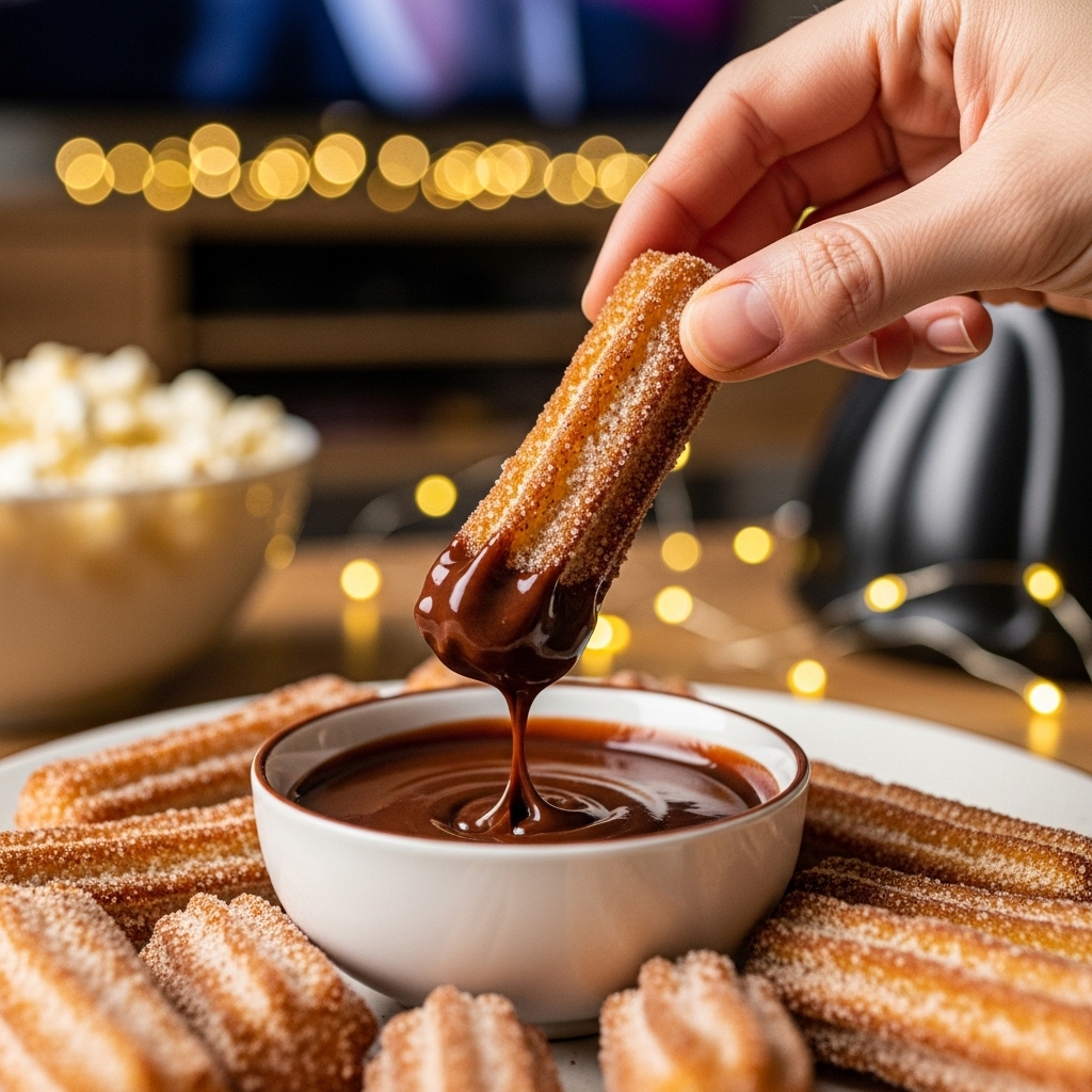 A hand dipping a cinnamon-sugar-coated Sweet Air Fryer Churro Bite into chocolate sauce, set on a coffee table. A movie night setup with popcorn and fairy lights is in the blurred background, lit by warm ambient light