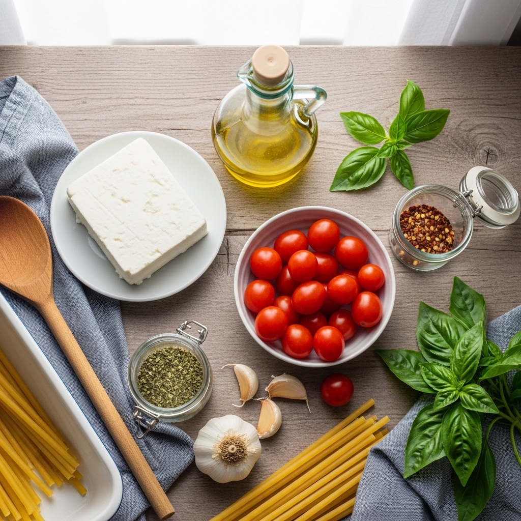 Overhead view of a rustic kitchen counter with Baked Feta Pasta ingredients: feta block, cherry tomatoes, olive oil, garlic, oregano, red pepper flakes, and basil. A wooden spoon and baking dish sit nearby, lit by soft natural light.