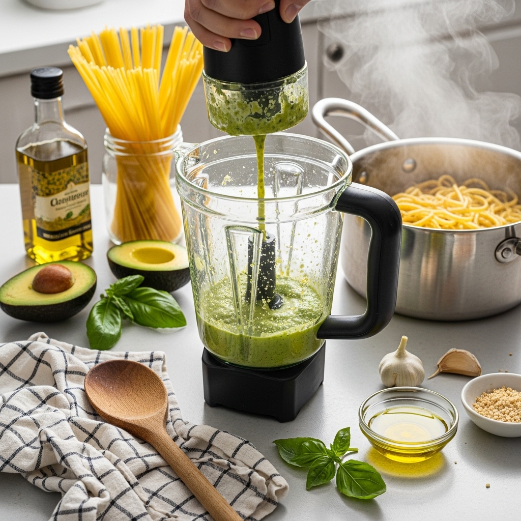  A blender pulsing avocado, basil pesto, olive oil, garlic, lemon juice, and Parmesan into a creamy green sauce in a sunny kitchen. Steaming spaghetti, basil, a wooden spoon, and a checkered towel add a cozy, hands-on vibe