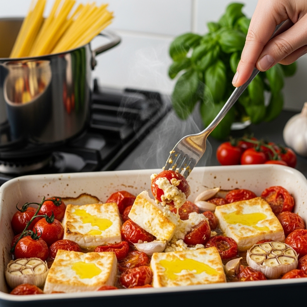 A baking dish fresh from the oven with golden feta and burst cherry tomatoes, being smashed into a creamy sauce with a fork. Steam rises, and a pot of boiling pasta and basil are in the blurred kitchen background, capturing a warm, hands-on moment.