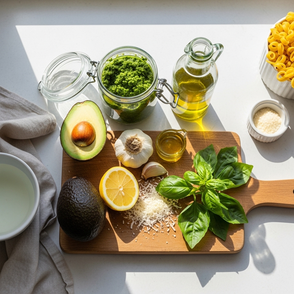 Overhead view of a bright kitchen counter with ingredients for Creamy Avocado Pesto Pasta: avocado, basil pesto, olive oil, garlic, lemon, Parmesan, and basil. A cutting board and pasta water are nearby, lit by sunlight for a fresh, clean look.