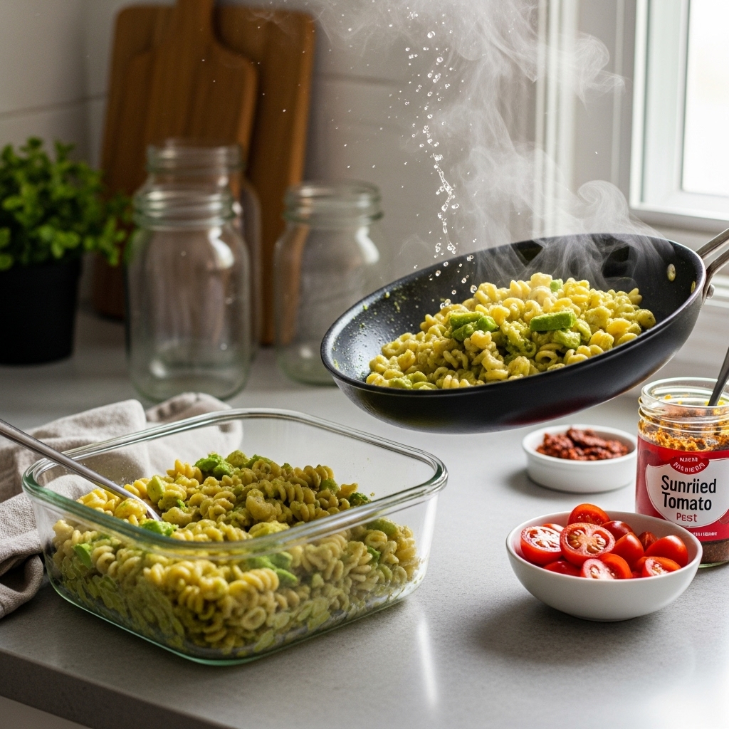 Leftover Creamy Avocado Pesto Pasta in a glass container, with a skillet reheating a portion, steam rising. Cherry tomatoes and sun-dried tomato pesto are nearby, in a cozy kitchen with mason jars and a linen napkin, lit by soft afternoon light
