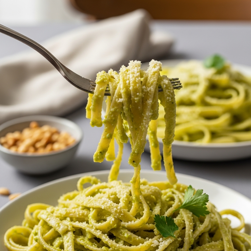 A fork twirling Creamy Avocado Pesto Pasta with fettuccine in silky green sauce, sprinkled with Parmesan. A linen napkin and toasted pine nuts are on a cozy table, lit by warm evening light for a fresh, inviting feel