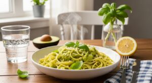 A steaming bowl of Creamy Avocado Pesto Pasta with spaghetti in vibrant green avocado-pesto sauce, topped with basil and Parmesan. Set on a wooden table with sparkling water, a lemon, and basil, lit by soft natural light.