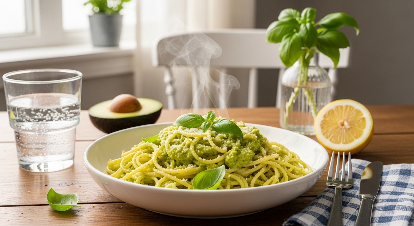 A steaming bowl of Creamy Avocado Pesto Pasta with spaghetti in vibrant green avocado-pesto sauce, topped with basil and Parmesan. Set on a wooden table with sparkling water, a lemon, and basil, lit by soft natural light.