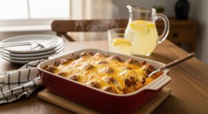 A steaming Cheesy Meatball & Rice Casserole with bubbling cheese over meatballs and rice in a ceramic dish on a wooden table. Plates, lemonade, and a checkered napkin create a cozy family scene, lit by soft evening sunlight