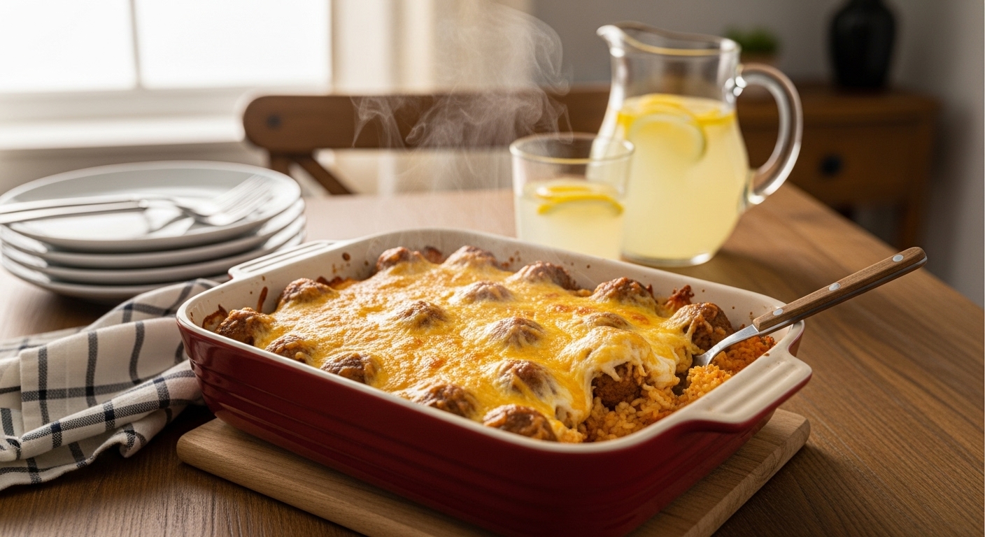 A steaming Cheesy Meatball & Rice Casserole with bubbling cheese over meatballs and rice in a ceramic dish on a wooden table. Plates, lemonade, and a checkered napkin create a cozy family scene, lit by soft evening sunlight