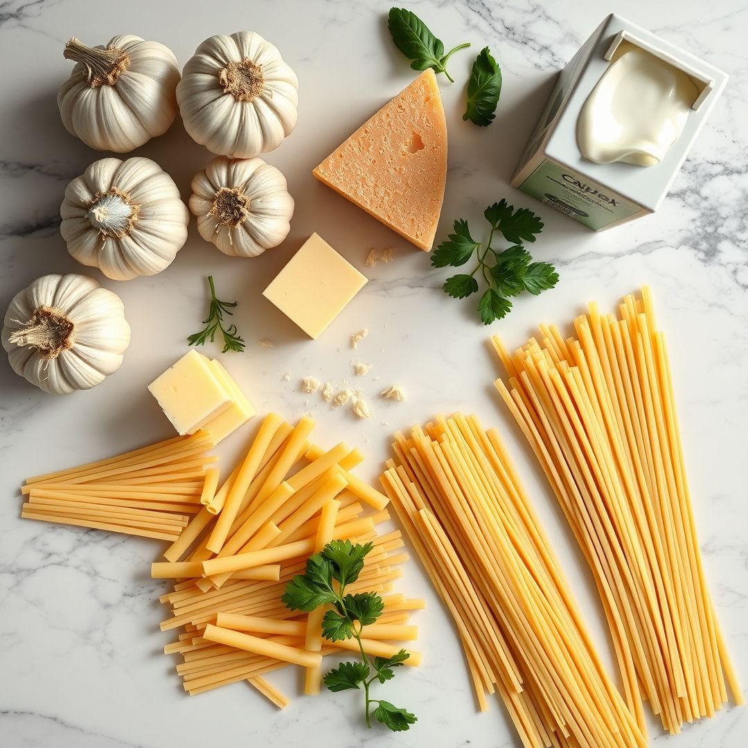 Fresh ingredients for Creamy Garlic Parmesan Pasta: A Quick Dinner Recipe for Busy Weeknights