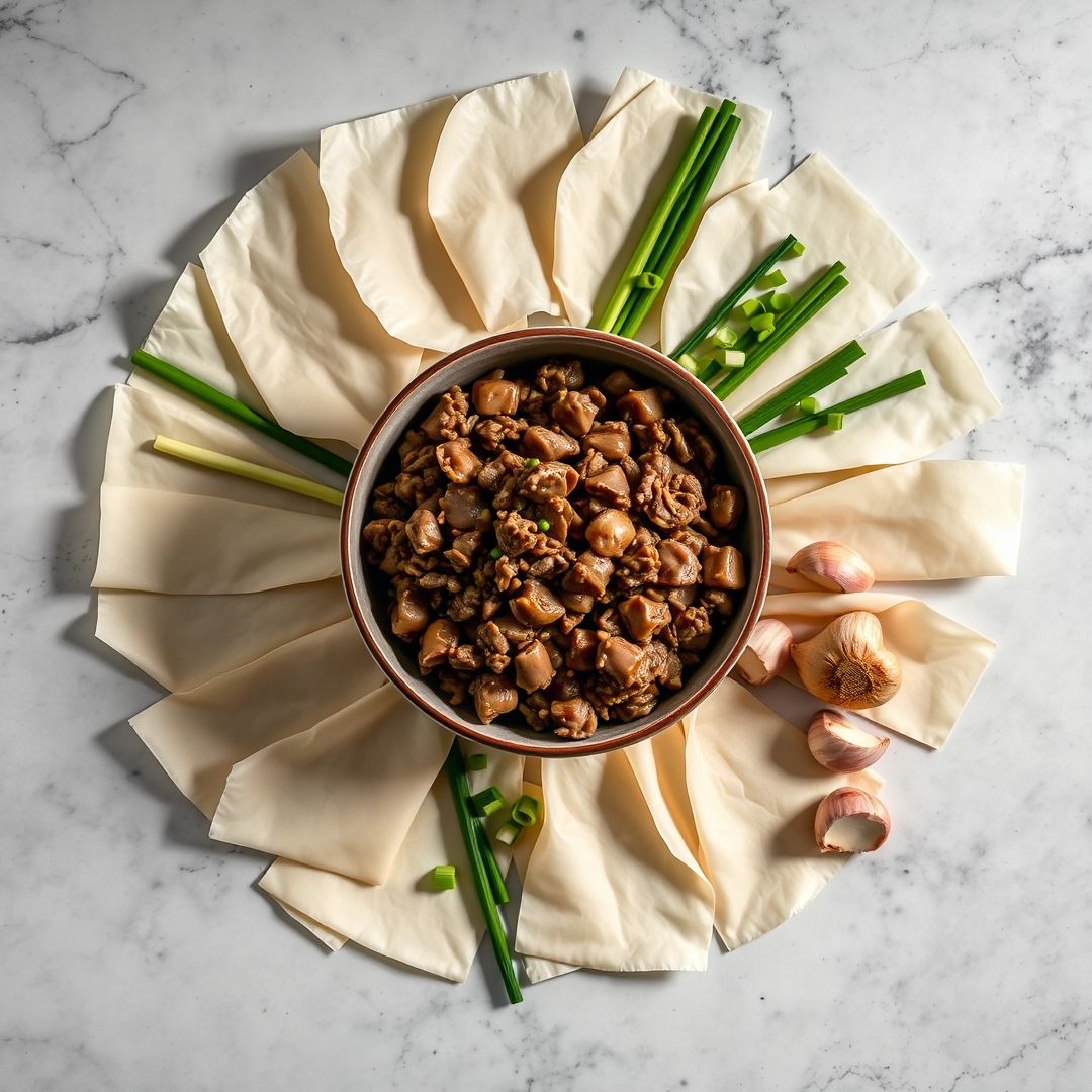 Fresh ingredients for Savory Beef and Mushroom Dumplings in Broth: Cozy Asian-Inspired Comfort