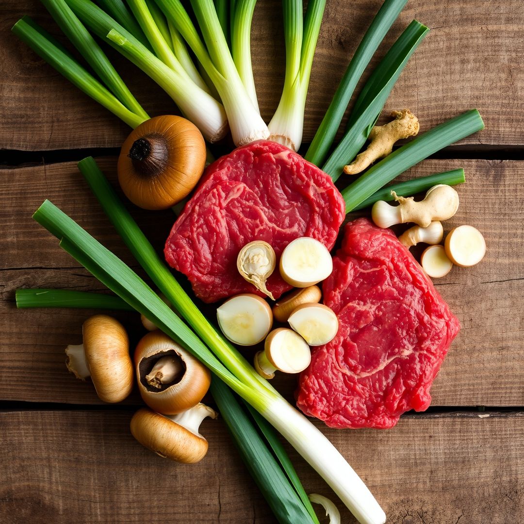 Fresh ingredients for Savory Beef and Mushroom Dumplings in Golden Broth
