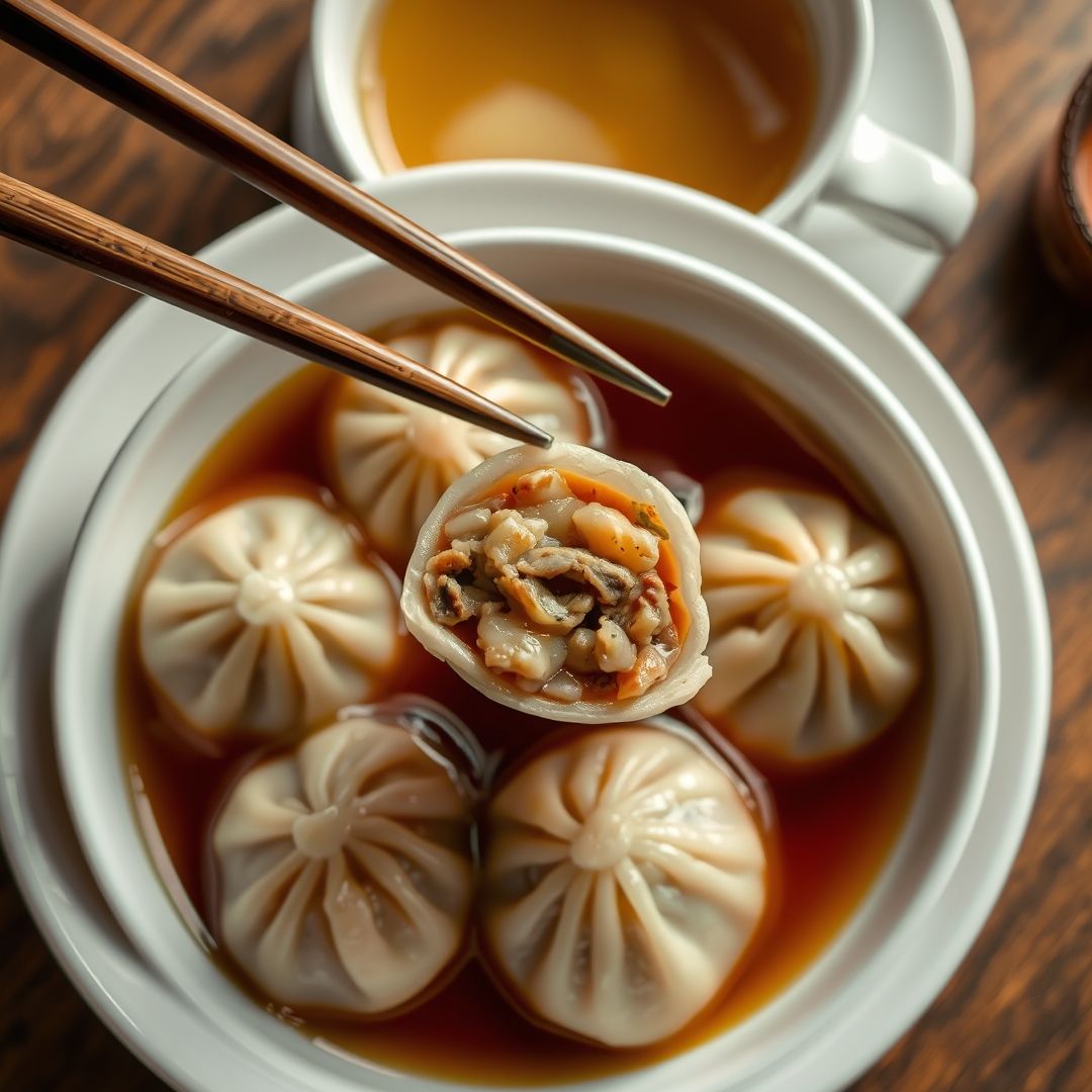 Final Savory Beef and Mushroom Dumplings in Golden Broth